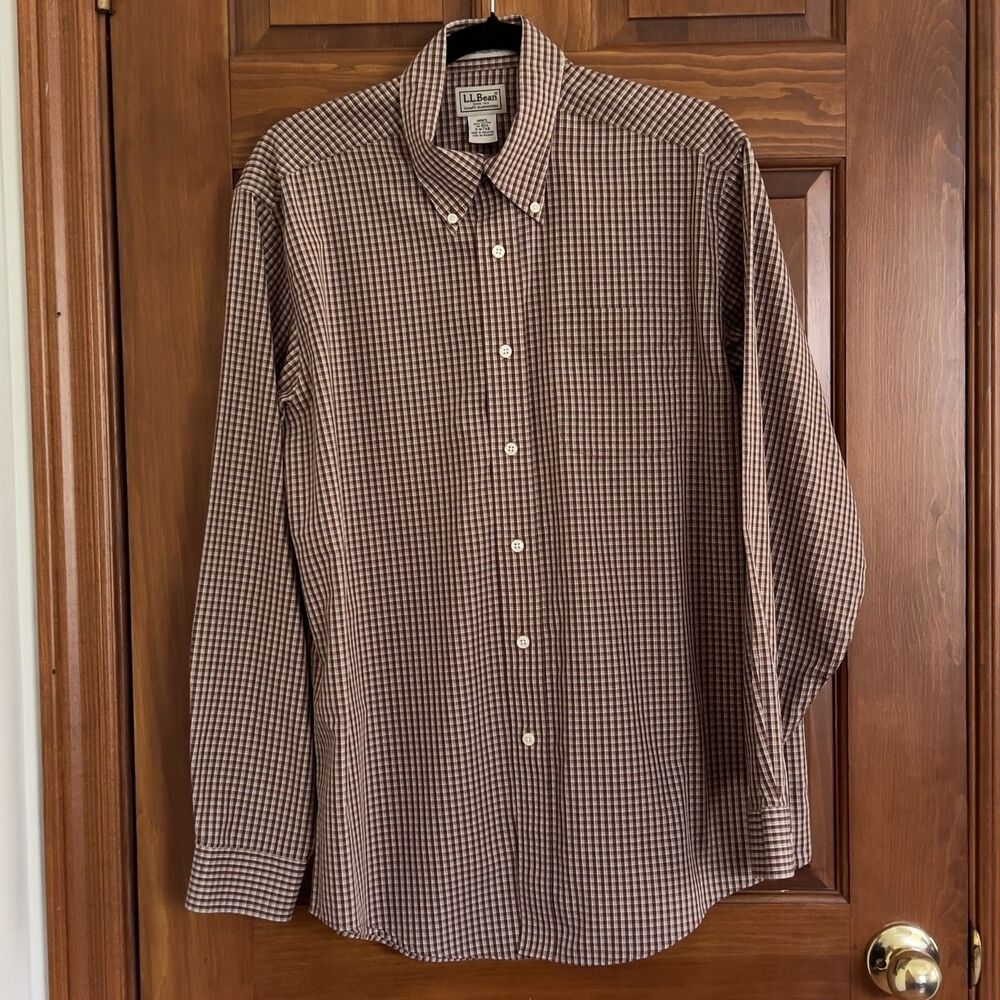 L.L. Bean Wrinkle Resistant Brown Micro Plaid Button Down Shirt Men's Medium